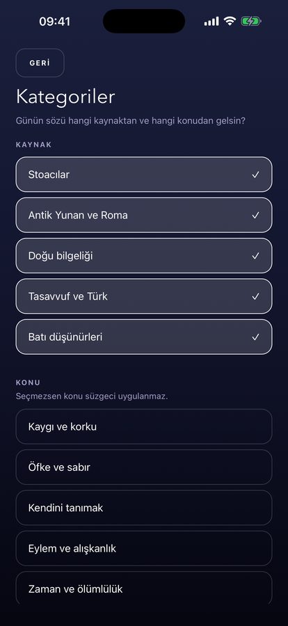 Kategoriler ekranı